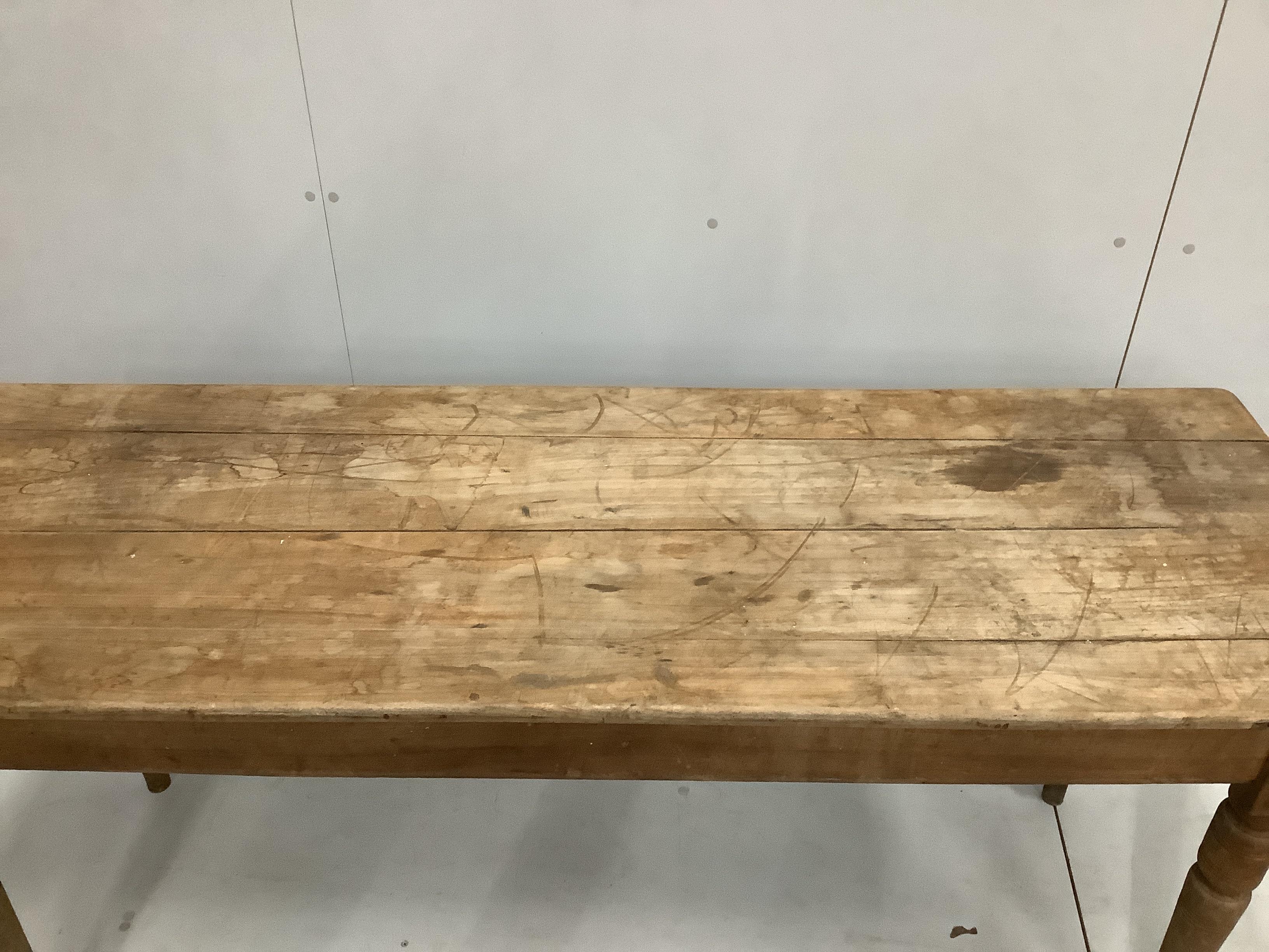 A Victorian rectangular fruitwood kitchen table, width 174cm, depth 60cm, height 76cm